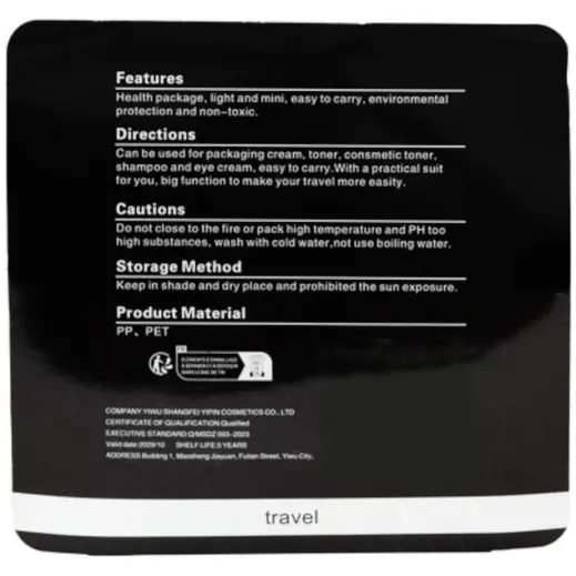 5-Piece Refillable Travel Bottle Set Black Pouch Back